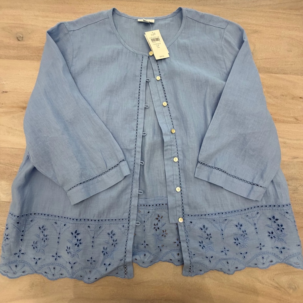 NEW J Jill Love Line Button Up Blouse In Clear Blue Large Petite Lace